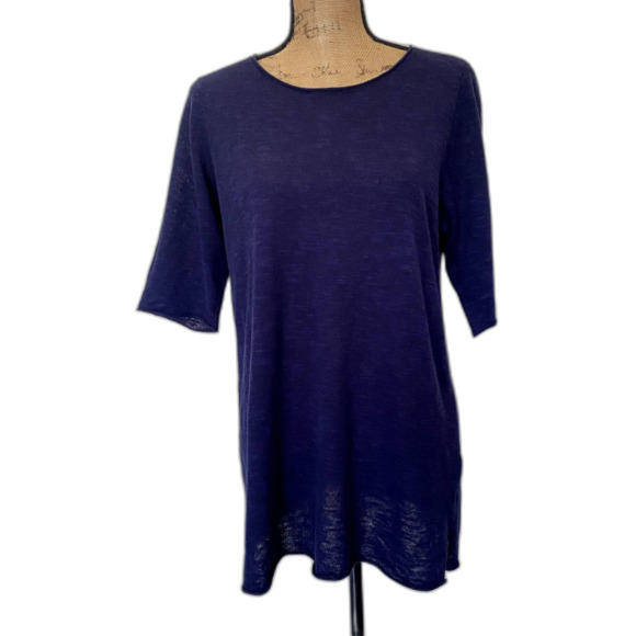 Eileen Fisher Slub Knit Boxy Tee Organic Linen Cotton Blend Navy Blue Size MP - Picture 1 of 4